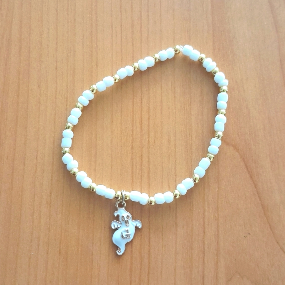 White Beaded Gold Plated Enamel Mini Ghost Charm Bracelet